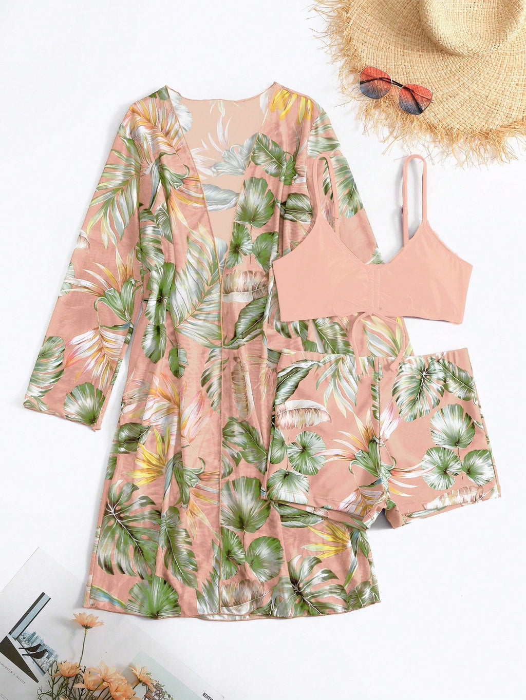 Conjunto Biquíni 3 Peças com Estampa Tropical