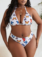 Conjunto 3 Peças Plus Size com Estampa de Borboletas e Cintura Alta