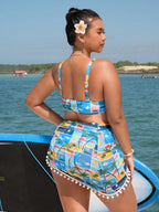 Conjunto Biquíni 3 Peças Plus Size com Saia e Pom Pom