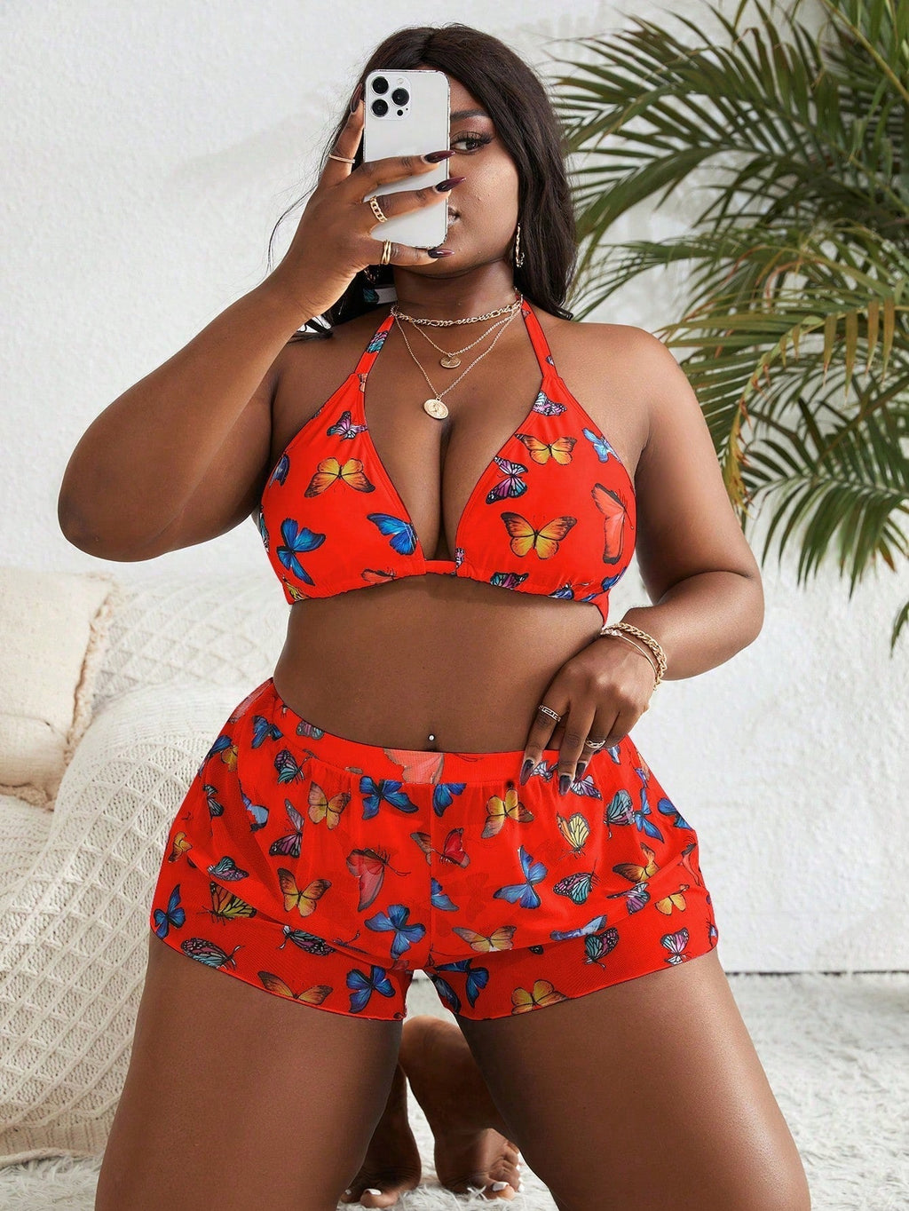Conjunto 3 Peças Plus Size com Estampa de Borboletas e Cintura Alta